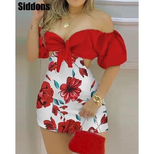 Women Puff Sleeve Off Shoulder Floral Print Cutout Tie Front Romper Short Sleeve Chic Jumpsuit