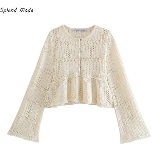 Splend Moda Autumn Korean Fashion Elegant Sweet Hollow Out O-Neck Flared Sleeve Wool Sweater Crop Top Womens Clothing Pullover