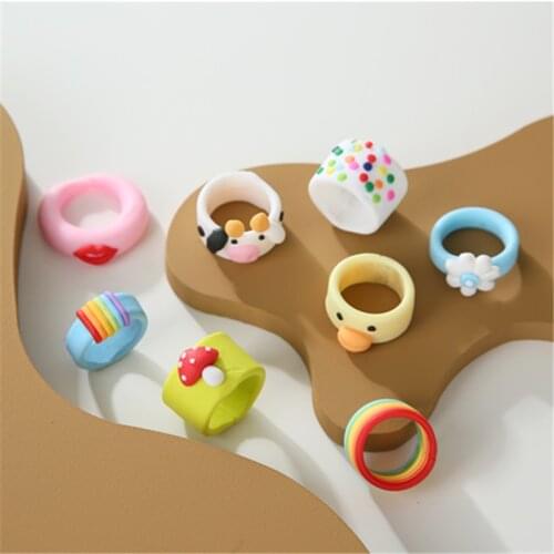 AOMU New Funny Colorful Handmade Clay Flower Rainbow Yellow Duck Cow Wide Version Ring for Women Girl Personality Jewelry Gift