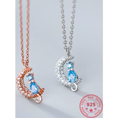 925 Sterling Silver Cute Moon Cat Pendant Crystal Necklace Korean Style Women Luxury Jewelry
