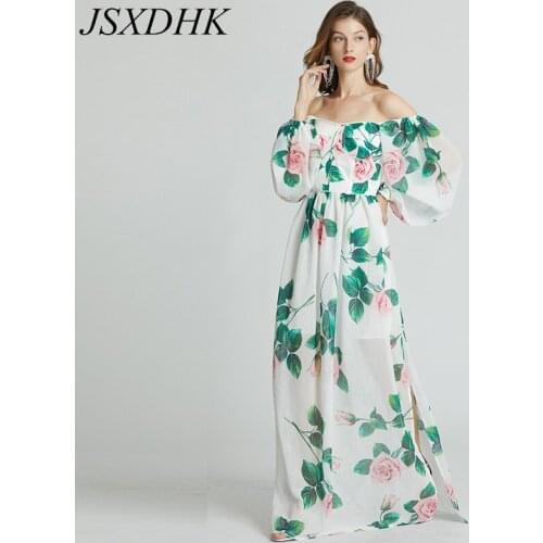 New Autumn Runway Rose Floral Print Maxi Dress Women Off Shoulder Flower Chiffon Lantern Sleeve Split Boho Holiday Robe Vestidos