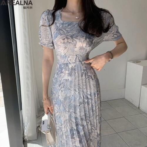 Dresses for women 2021 summer Short Sleeve Square Collar Floral Chiffon Pleated Long Dress Elegant Chiffon woman dress vestidos