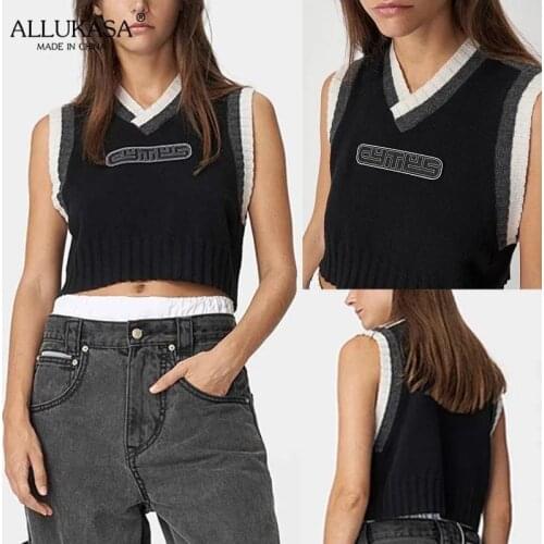 Allukasa Old School 2021 Oversized Knitted Vest Top Women Vintage Sleeveless Sweater Tank Tops Chic Street Girls Waistcoat