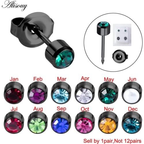 Alisouy 1 pair Surgical Steel Black color Birthstone CZ Gem Ear Stud Tragus Cartilage Earring piercing jewelry