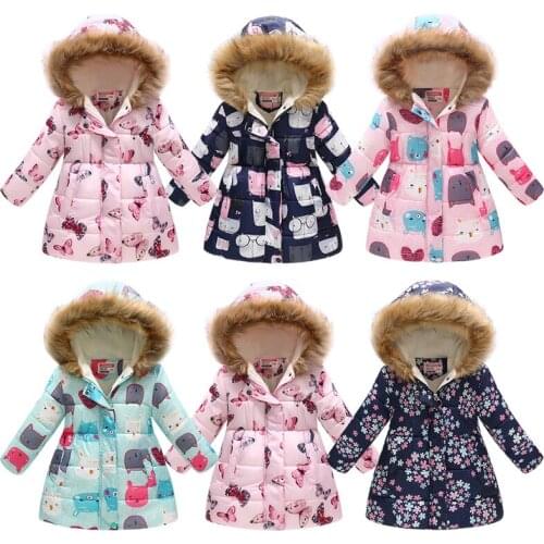 Children Down Cotton Jackets Girl winter Fur Collar Hooded Warm Jacket Girls Fashion Flowers Thickening Cotton Outerwear & Coats