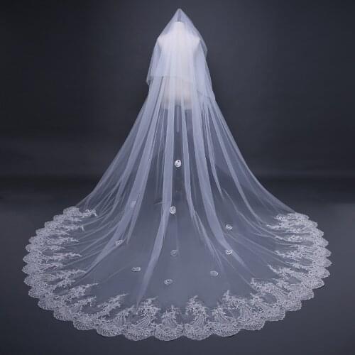 New One Layer 3.5 Meters Bling Sequins Applique Lace Edge Luxury Long Wedding Veil with Comb High Quality Ivory Bridal Veil