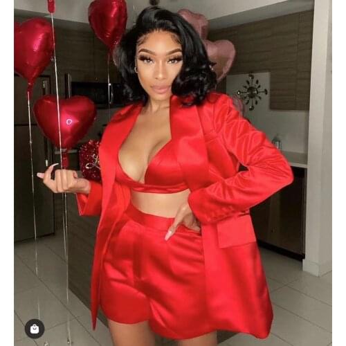 High Street New Trendy Red Three Pieces Bandage Suit Vintage Elegant Sexy V Neck Celebrity Party Satin Blazer Tops Shorts Set
