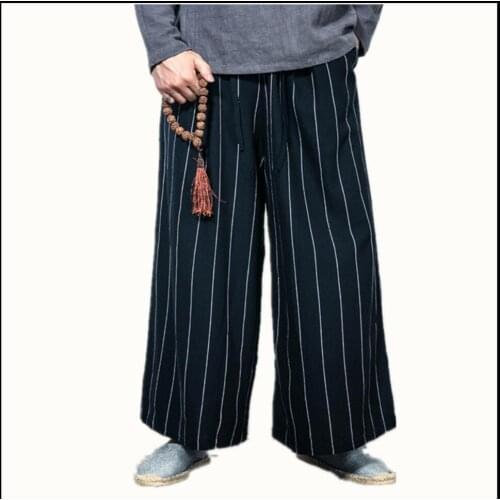 M-3xl Spring And Autumn Men Vintage Loose Straight Pants Chinese Style Fluid Stripe Casual Pants Male Wide Leg Pants Costumes