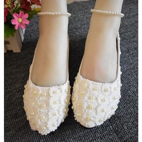 Bridal wedding shoes ankle beading strap handmade ivory lace pearls flats wedding shoe NQ136 bridesmaid shoe ready in stock