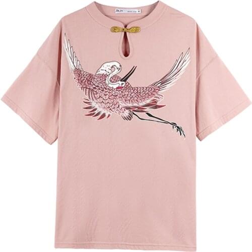 2021 chinese style mandarin collar loose short-sleeved top comfortable fabrics floral printing trendy blouse casual loose blouse