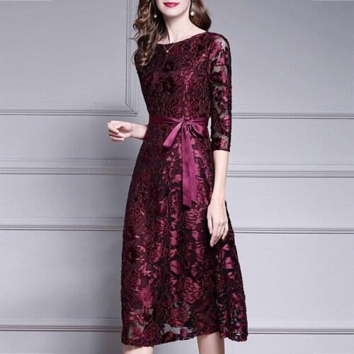 Spring Summer Women Female 3/4 Sleeve Wine Red Dobby Flower High Waisted Bow Dress , Fall Woman Clothes , 5xl Mesh Dresses
