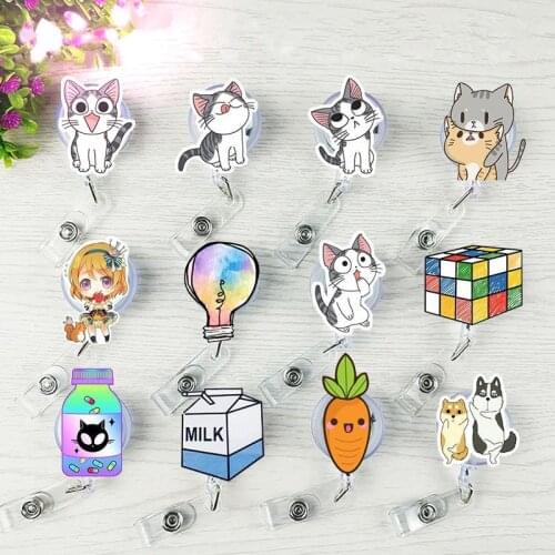 New Design 1 Piece High Quality Acrylic Retractable Nurse Badge Reel Cartoon cat Animals Students ID Card Badge Holder