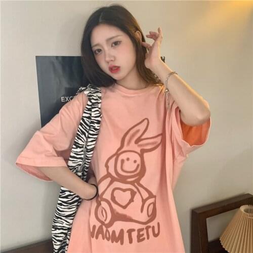 Cotton 2021 summer new casual rabbit print short-sleeved T-shirt women loose large size wild round neck simple