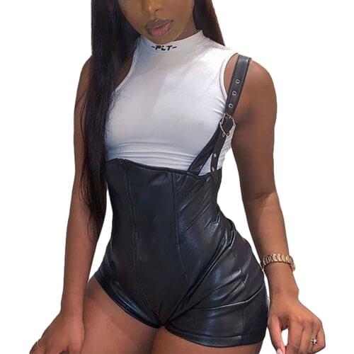 Womens Casual Suspender Short Pants Fashion Solid Color Leather High-waist Tight-fitting Overalls