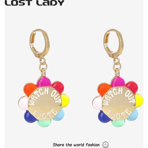 Lost Lady New Fashion letters Dangle Earrings Statement Flower Gold Color Metal Round Earrings for Women Party Jewelry