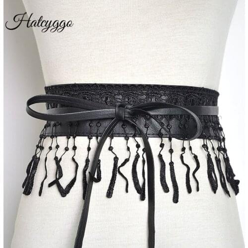 HATCYGGO Women Belt Lace Cummerbunds Design Tassel Waist Belt Fashion PU Leather Wide Belts Female Waistband For Dress Wholesale