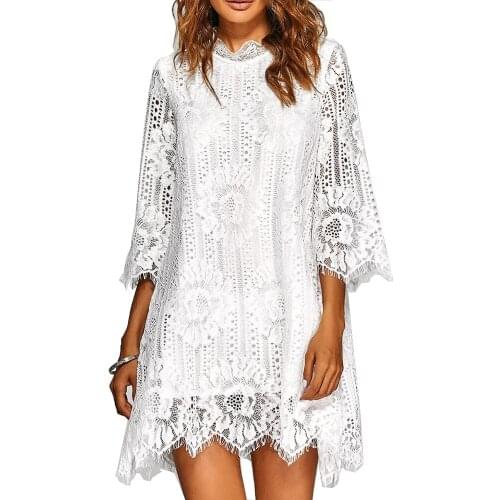Elegant Sexy Hollow Out Lace Hook Flower Dress Women Summer Casual Plus Size Solid Color Loose Office A-Line Dresses