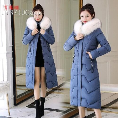 2020 New Faux Fur Collar Women Parkas Long Style Plus Size Slim Thick Female Overcoat