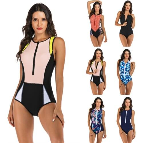 Sleeveless Rash Guard Women Floral Print Swimwear Zipper One Piece Swimsuit High Neck Surf swimwear Dive Bodysuit Beachwear