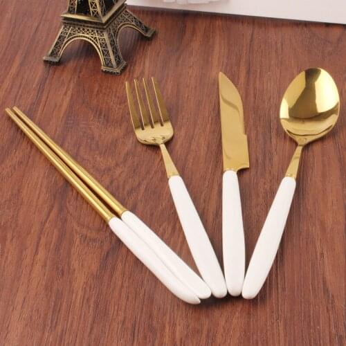 Elegant Gold Scoop Cutlery Set Western Fork Food Dinner Tools Knife Chinese Chopsticks Full Set Luxury Christmas Gift 4pcs/set
