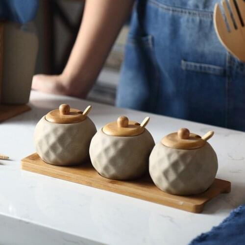 Japanese-style Kitchen Ceramic Seasoning Jar Seasoning Box with Spoon Combination Set Wooden Lid Storage Jar Kitchen Supplies