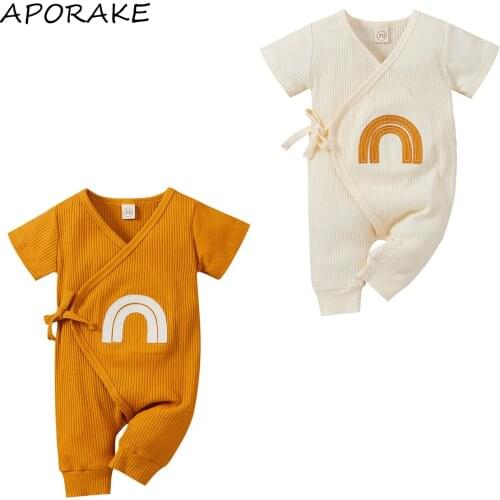 2021 0-24M Cute Toddler Baby Girl Romper Rainbow Print Bandage Short Sleeve V Neck Jumpsuit Summer Outfit Playsuit
