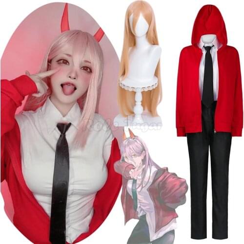 Anime Chainsaw Man Power Cosplay Costume Women Red Coat + Shirt + Pant Sets Wig Halloween Party Show Outfit C130M252