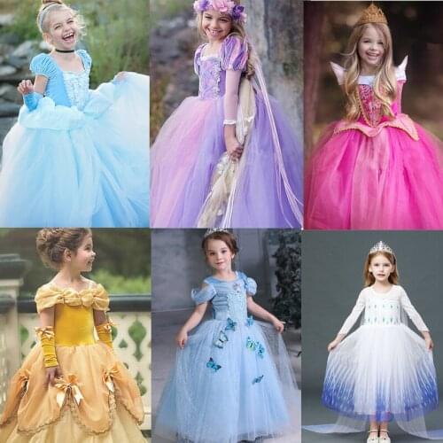 Gilrs Cinderella Rapunzel Cosplay Costume Kids Children Halloween Fancy Dress Up Christmas Party Beauty and the Beast Clothes