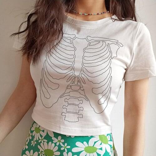 Y2K Harajuku Slim Skull Crop Top gothic Women T-shirt dark streetwear tees Casual oversize Vintage tops women clothing O-Neck