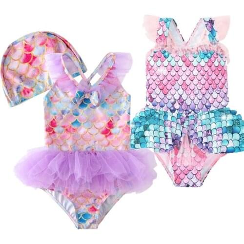 Swimwear Kid Girl Baby Bath Tub Set Kids Fish Scales Printed Swimwear Girls Sunbath Costume Children Causal One-Piece Beachwear