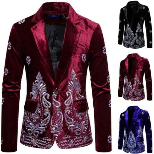 Men Velvet Silver Embroidery Floral Formal Suit Jacket Slim Coat One Button