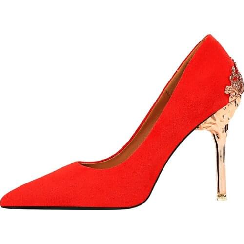 European and American Style Sexy nightclub show thin metal heel suede shallow mouth pointed high heel single shoes wedding shoes