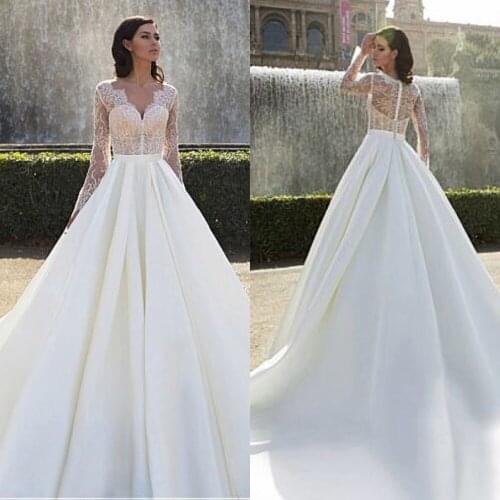 Fantastic Satin V-neck Neckline A-line Wedding Dresses Long Sleeve Elegant Lace Gowns Illusion Back Bridal Dresses Classic