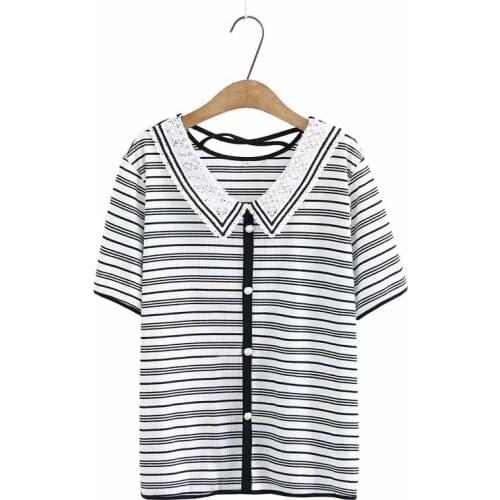 Plus Size XL-4XL Womens V-neck Short Sleeve Tshirts Casual Striped Lace Tops Vintage Shirts