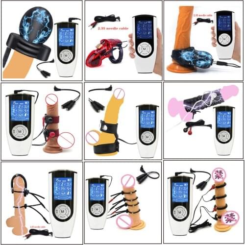 Stronge SM Electric Shock Cock Cage Sex Ball Stretcher Glans Trainer Massage Cup Beads Estim Therapy Penis Ring Male Sex Toy Kit
