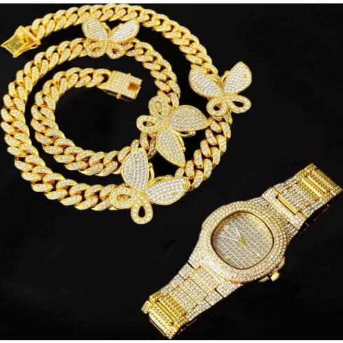 HIP 12MM Prong Necklace+Watch+Bracelet Hip Hop Prong Butterfly Cuban Chain Iced Out Paved Rhinestones CZ Bling for Men Jewelry