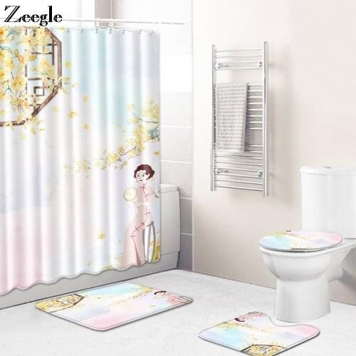 Zeegle 4Pcs Bath Mat Set Bathroom Toilet Rug Waterproof Shower Curtain Toilet Seat Cover Bathroom Decoration Toilet Pedestal Rug