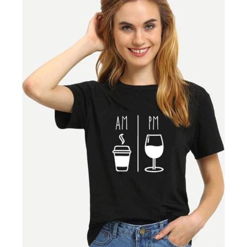 AM Coffee PM Wine Letter Print T Shirt Women Short Sleeve O Neck Loose Tshirt 2020 Summer Women Causal Tee Shirt Tops Mujer