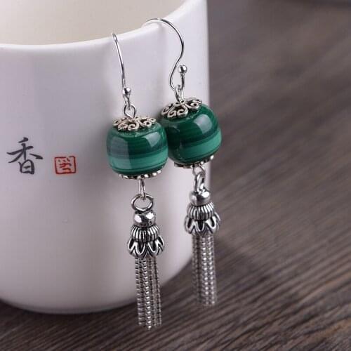 S925 silver restoring ancient ways process female fashion malachite tassel earrings
