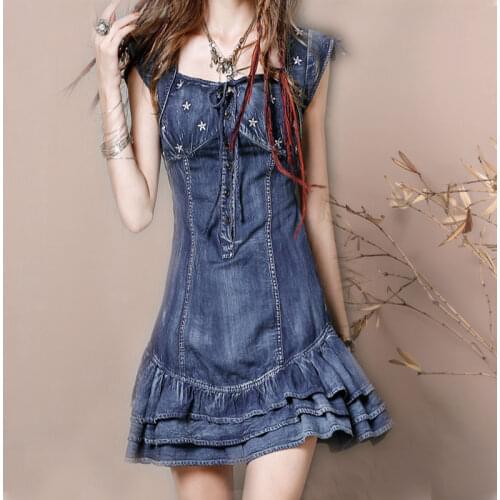 2020 high quality washed denim square collar short-sleeved retro embroidered waist thin European and American dress