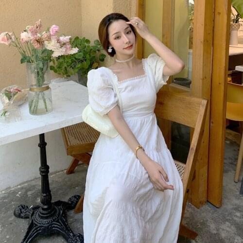 Elegant Backless Women Dress Sweet White Blue Black Puff Sleeve Square Collar High Waist Slim Sexy Vestidos Long Maxi Dress