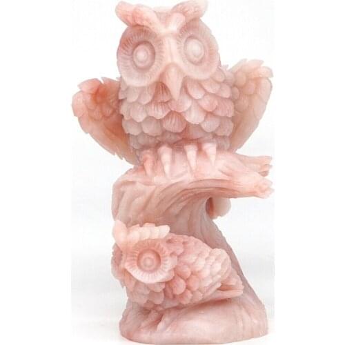 5.1" Owls Natural Gemstone AAA Pink Opal Crystal Carved Animal Figurine Decor