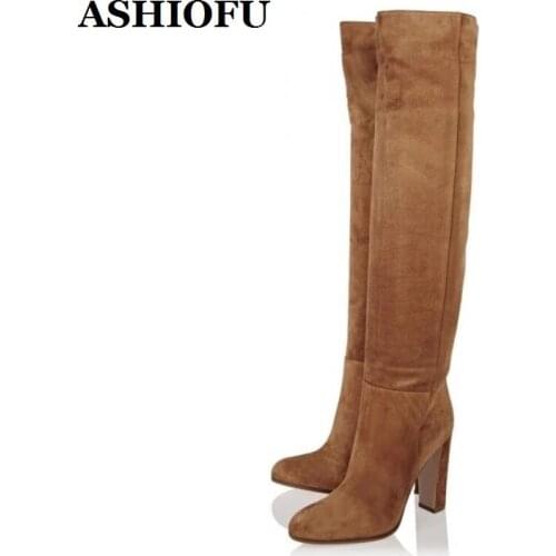 ASHIOFU Handmade Womens Chunky Heels Boots Faux-suede Vintage Knee-high Boots Evening Club Winter Fashion Boots Shoes Two Color
