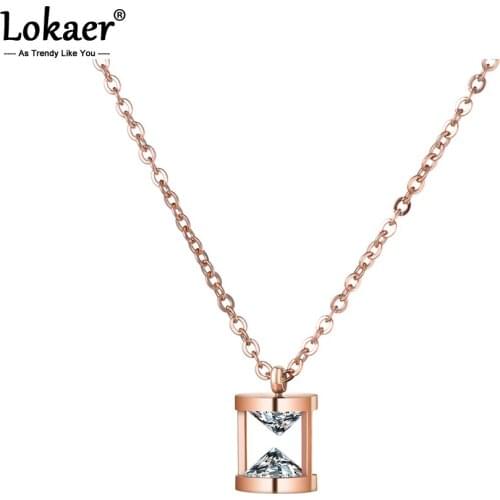 Lokaer Funnel Shape Pendant Necklace AAA CZ Stainless Steel Jewelry Rose Gold Color Chain Valentines Day Present N18266