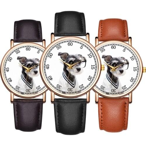 Cartoons lovely Cute pet Dog Belt watch Small fresh Ms wear glasses Schnauzer Childrens Quartz Watch Student casual watch