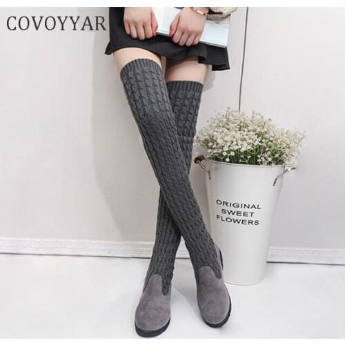 COVOYYAR 2019 Winter Fashion Women Boots Braided Over The Knee High Boots Woman Shoes Low Wedge Knitted Thigh High Boots WBS539