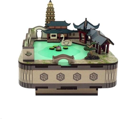Wooden DIY Music Box Kit Handmade Miniature Ancient Building Dollhouse Creative Toys Girls Gifts Home Decoration Accessories