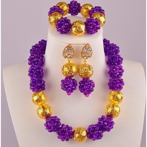 Purple Crystal Ball Beads African Necklace Nigerian Wedding Jewelry Set for Women