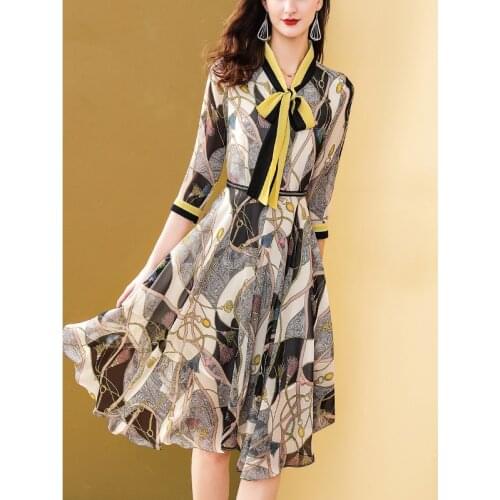 Only Plus French Dress Bow Women Vintage Printed Irregular Hem Slim Boho Chains Printed Holiday Party Dress A-Line Vestidos 2021