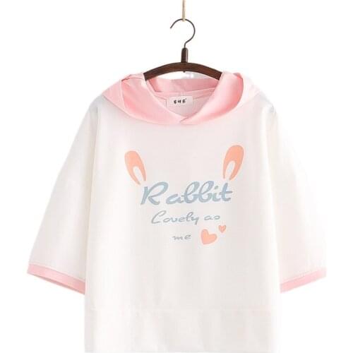 Harakuju Print Kawaii Hoodies With Ears On Hood Women 2021 Summer Half Sleeve Kawaii Sweatshirts Sweet Style Korean Fashion Tops